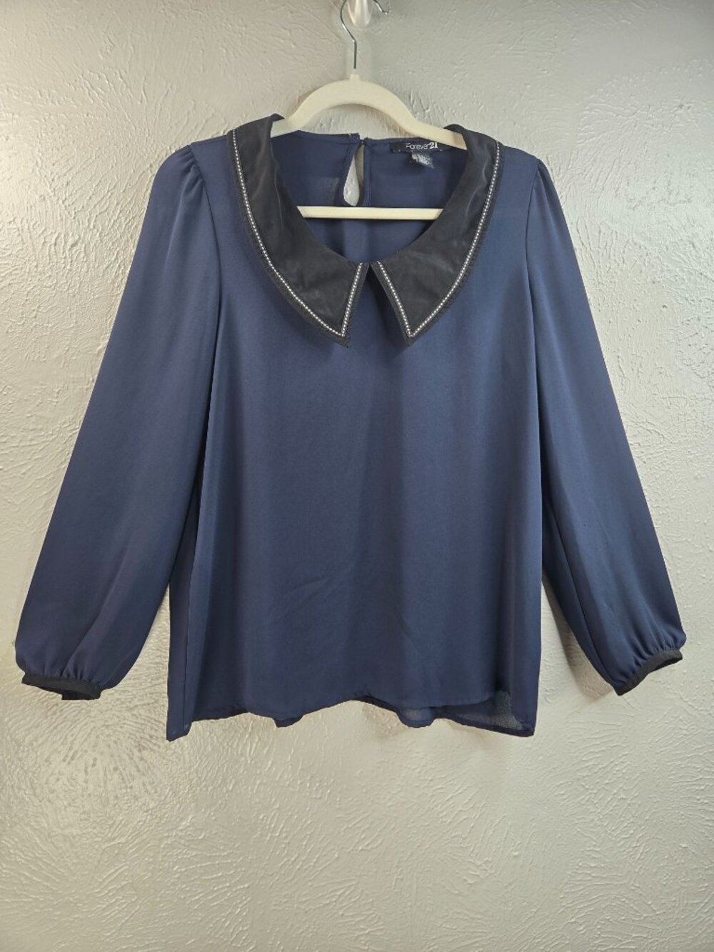 Peter Pan Collar Shirt Navy Blue Chiffon Long Sleeve Top Preppy Victorian Lolita